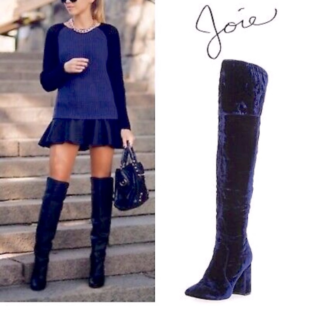 Joie Blue Navy Lalana Velvet 90mm Over The Knee Round Toe Thigh-high Boots